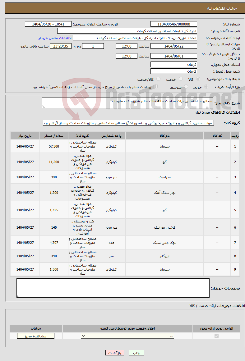 تصویر کوچک آگهی نیاز انتخاب تامین کننده-مصالح ساختمانی برای ساخت خانه های عالم شهرستان منوجان