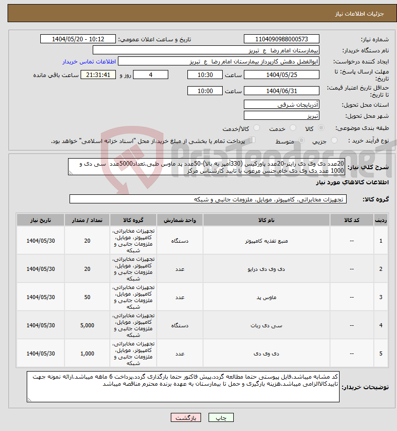 تصویر کوچک آگهی نیاز انتخاب تامین کننده-20عدد دی وی دی رایتر-20عدد پاورکیس (330آمپر به بالا)-50عدد پد ماوس طبی.تعداد5000عدد سی دی و 1000 عدد دی وی دی خام.جنس مرغوب با تایید کارشناس مرکز