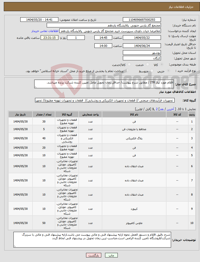 تصویر کوچک آگهی نیاز انتخاب تامین کننده-اقلام مورد نیاز ITR / مطابق شرح پیوست/ حداقل زمان تحویل عامل تعیین کننده شرکت برنده میباشد.