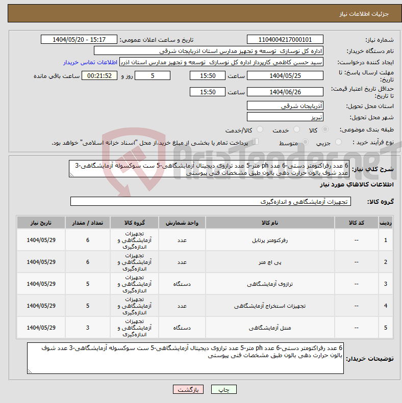 تصویر کوچک آگهی نیاز انتخاب تامین کننده-6 عدد رفراکتومتر دستی-6 عدد ph متر-5 عدد ترازوی دیجیتال آزمایشگاهی-5 ست سوکسوله آزمایشگاهی-3 عدد شوف بالون حرارت دهی بالون طبق مشخصات فنی پیوستی