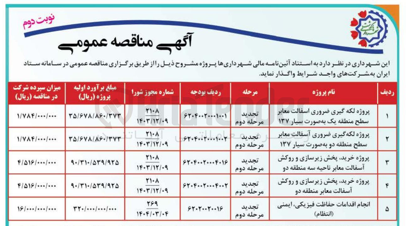 تصویر کوچک آگهی پروژه خرید پخش زیرسازی و روکش آسفالت معابر ناحیه سه منطقه دو 
