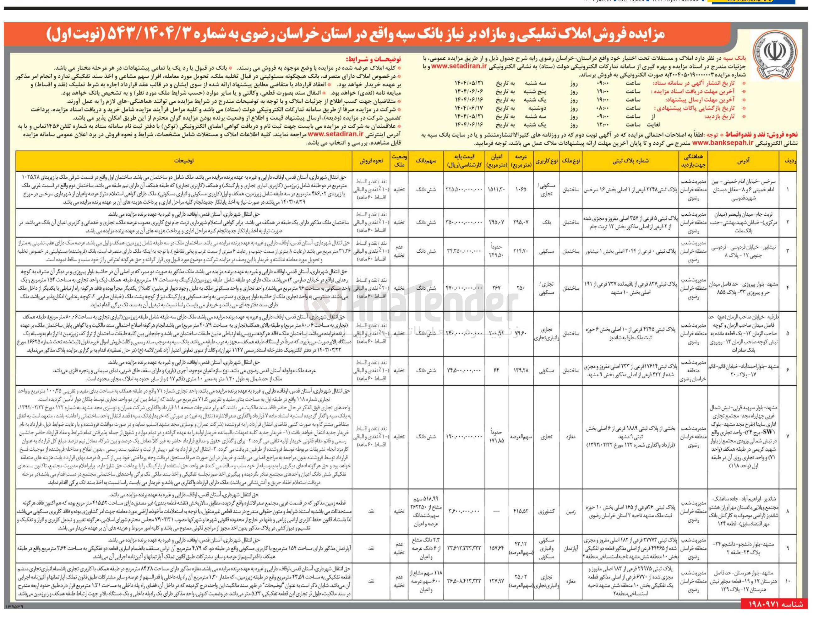 تصویر کوچک آگهی فروش املاک 10 ردیف با کاربری مسکونی - تجاری - کشاورزی - انباری