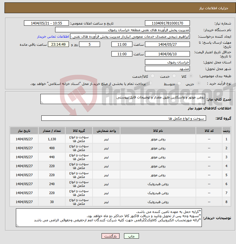 تصویر کوچک آگهی نیاز انتخاب تامین کننده-روغن موتور و واسکازین طبق مقدار و توضیحات فایل پیوستی