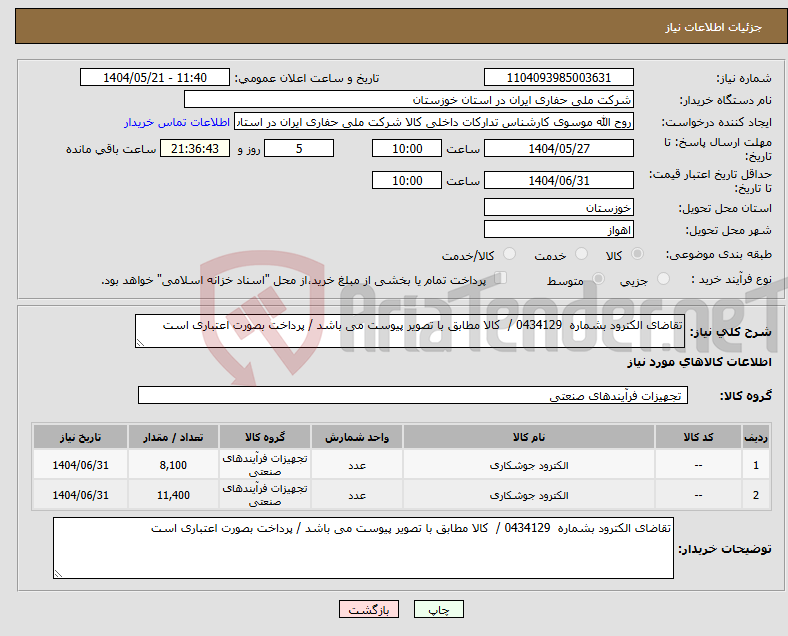 تصویر کوچک آگهی نیاز انتخاب تامین کننده-تقاضای الکترود بشماره 0434129 / کالا مطابق با تصویر پیوست می باشد / پرداخت بصورت اعتباری است
