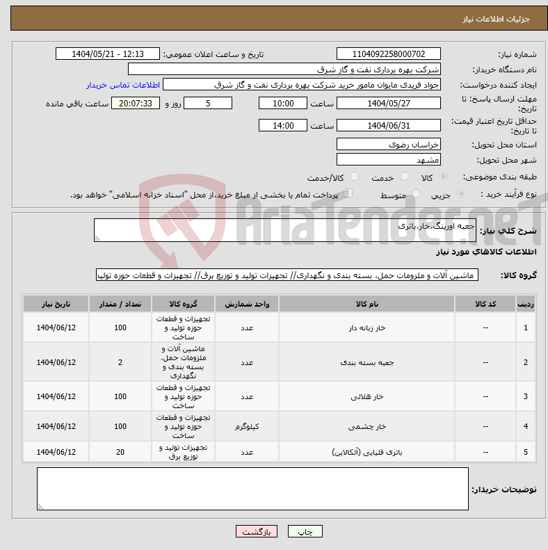 تصویر کوچک آگهی نیاز انتخاب تامین کننده-جعبه اورینگ،خار،باتری 