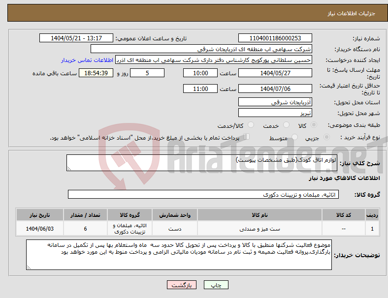 تصویر کوچک آگهی نیاز انتخاب تامین کننده-لوازم اتاق کودک(طبق مشخصات پیوست)