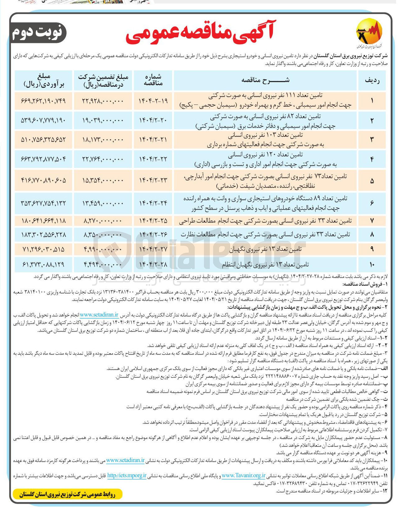 تصویر کوچک آگهی تامین تعداد ۸۳ نفر نیروی انسانی به صورت شرکتی جهت انجام امور سیمبانی و دفاتر خدمات برق (سیمبان شرکتی ) 