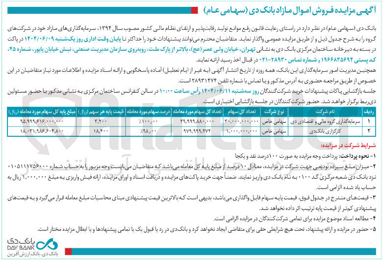 تصویر کوچک آگهی فروش سهام شرکت های سرمایه گذاری گروه مالی و اقتصادی دی - کارگزاری بانک دی 