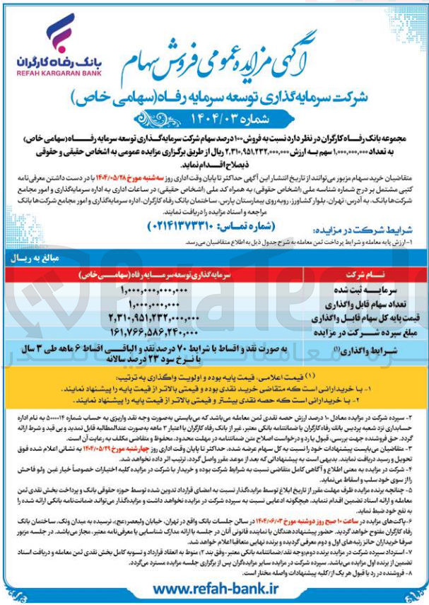 تصویر کوچک آگهی فروش ۱۰۰ درصد سهام شرکت سرمایه گذاری توسعه سرمایه رفاه ( سهامی ) خاص به تعداد ۱,۰۰۰,۰۰۰,۰۰۰ سهم