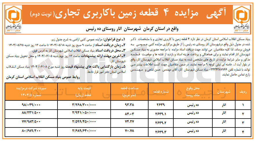 تصویر کوچک آگهی فروش ۴ قطعه زمین با کاربری تجاری