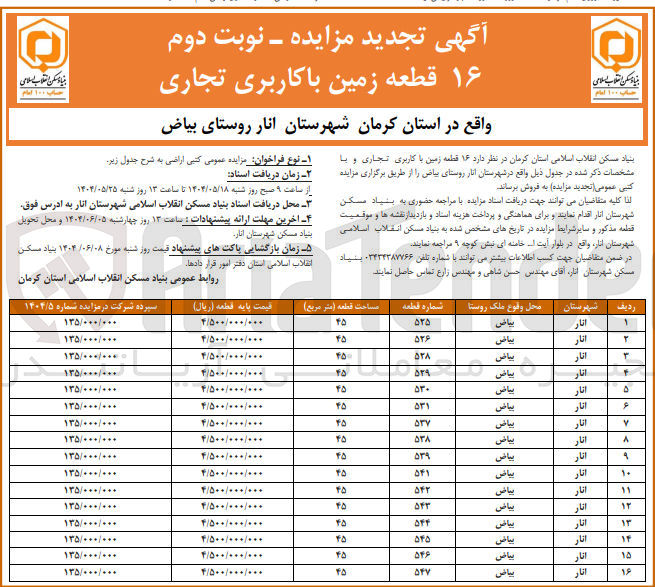 تصویر کوچک آگهی فروش ۱۶ قطعه زمین با کاربری تجاری