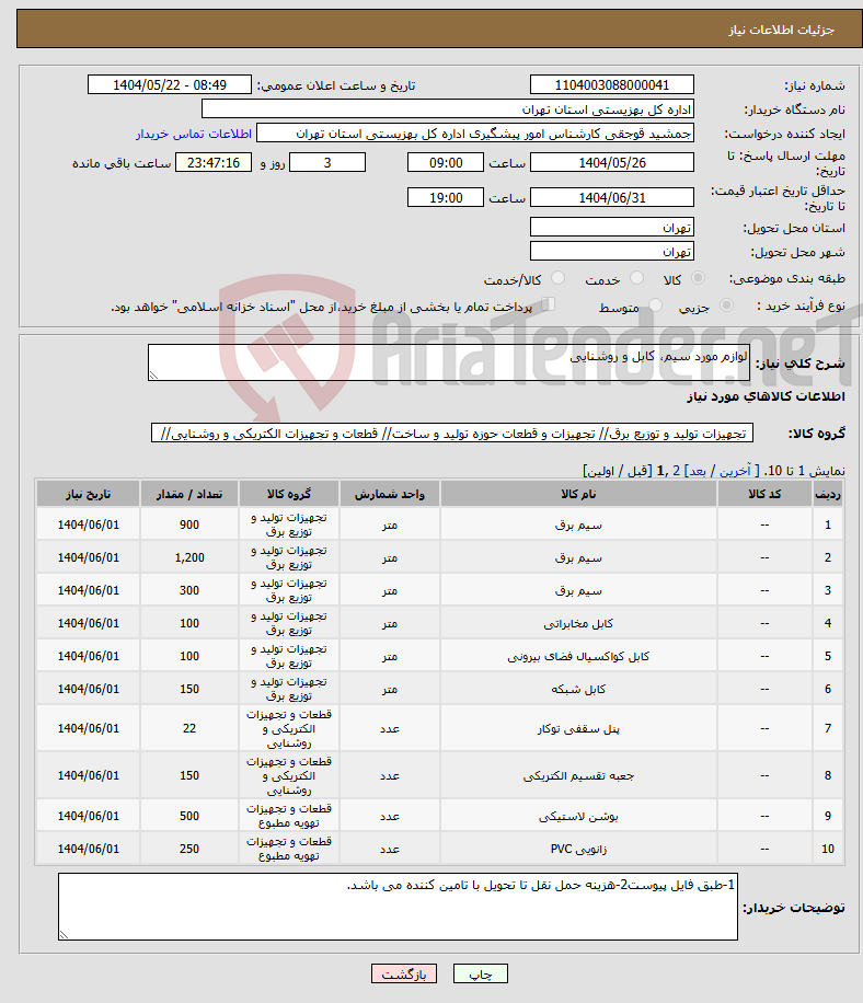 تصویر کوچک آگهی نیاز انتخاب تامین کننده-لوازم مورد سیم، کابل و روشنایی