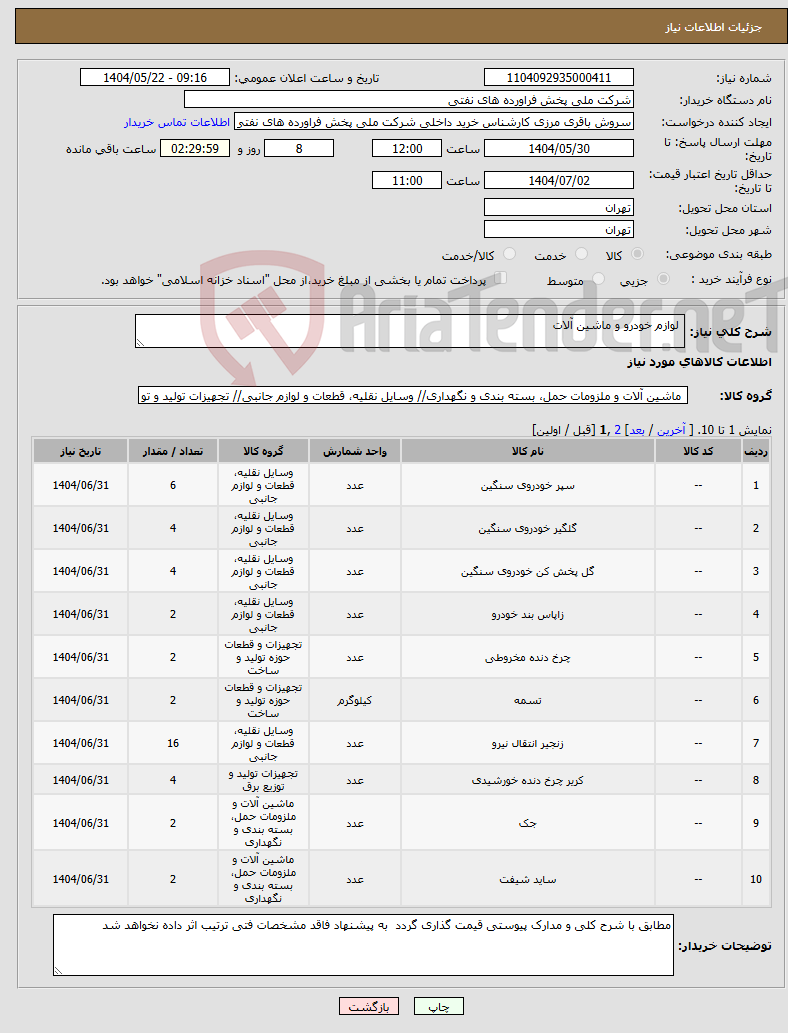 تصویر کوچک آگهی نیاز انتخاب تامین کننده- لوازم خودرو و ماشین آلات 