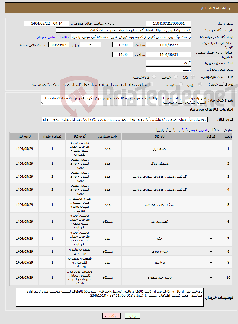 تصویر کوچک آگهی نیاز انتخاب تامین کننده-تجهیزات و ماشین الات مورد نیاز برای کارگاه آموزشی مکانیک خودرو در مرکز نگهداری و درمان معتادان ماده 16 استان گیلان-به شرح پیوست