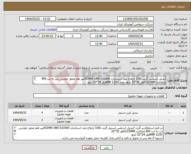 تصویر کوچک آگهی نیاز انتخاب تامین کننده-تبدیل استلس گرید 316L ارتفاع بلند استاندارد SCH40 UNS S31600غیر هم محور جوشی لب به لب BW ضخامت 12/5MMقطر 32*32 چهار عدد /12/5 MMقطر 24*32 اینچ 