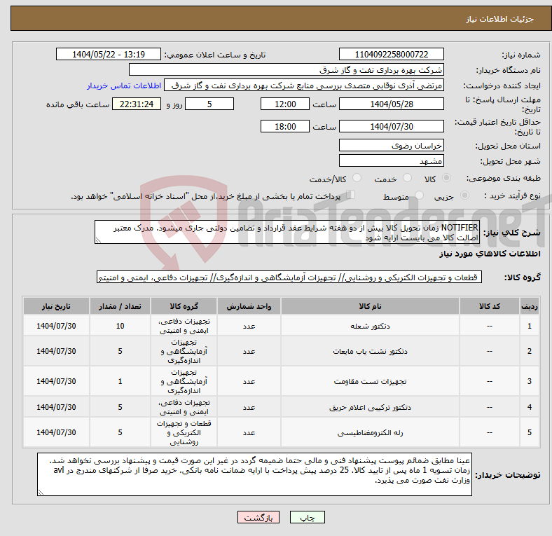 تصویر کوچک آگهی نیاز انتخاب تامین کننده-NOTIFIER زمان تحویل کالا بیش از دو هفته شرایط عقد قرارداد و تضامین دولتی جاری میشود. مدرک معتبر اصالت کالا می بایست ارایه شود
