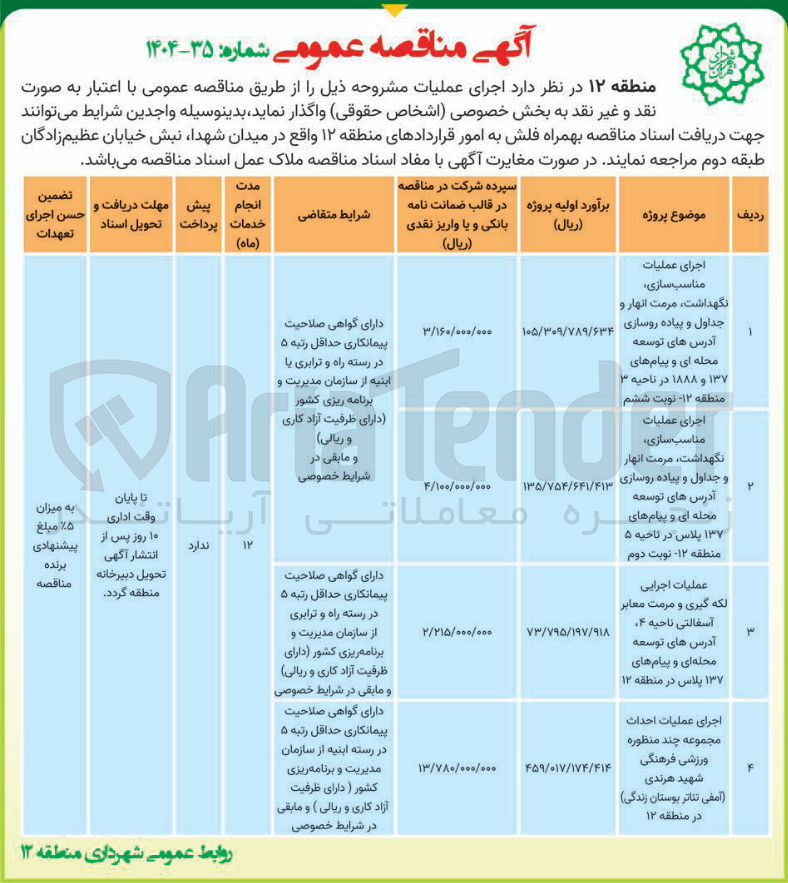 تصویر کوچک آگهی اجرای عملیات مناسب سازی نگهداشت مرمت انهار و جداول و پیاده روسازی آدرس های توسعه محله ای و پیام های ۱۳۷ پلاس