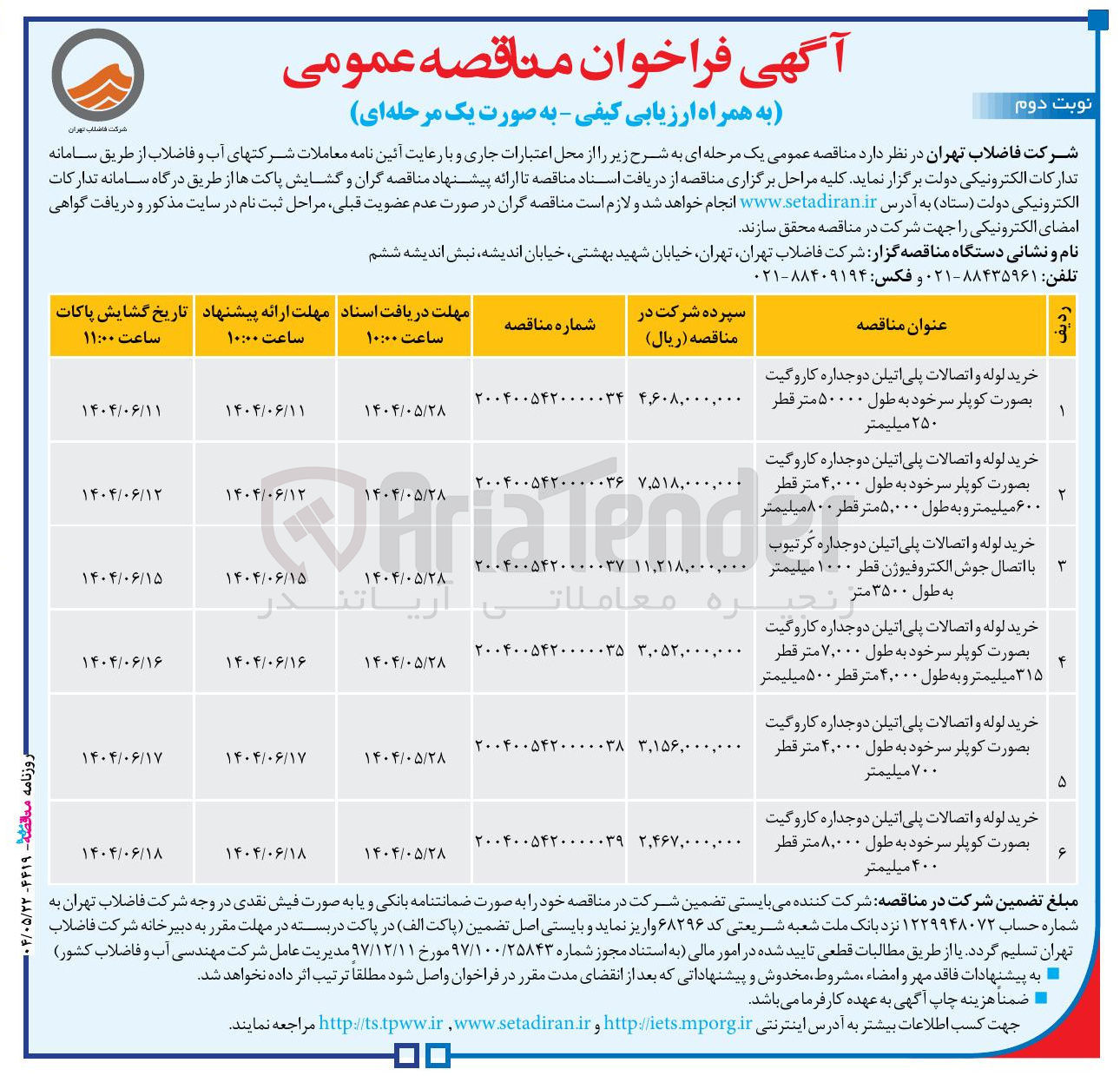 تصویر کوچک آگهی خرید لوله و اتصالات پلی اتیلن دوجداره کاروگیت بصورت کوپلر سرخود به طول ۸,۰۰۰ متر قطر ۴۰۰ میلیمتر