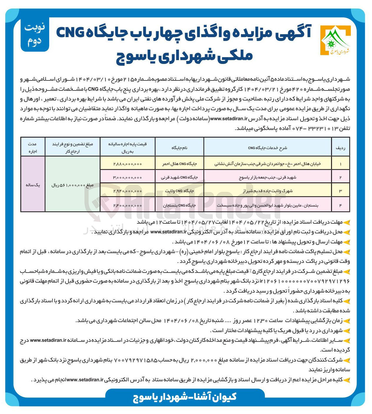 تصویر کوچک آگهی  واگذای چهار باب جایگاه CNG
