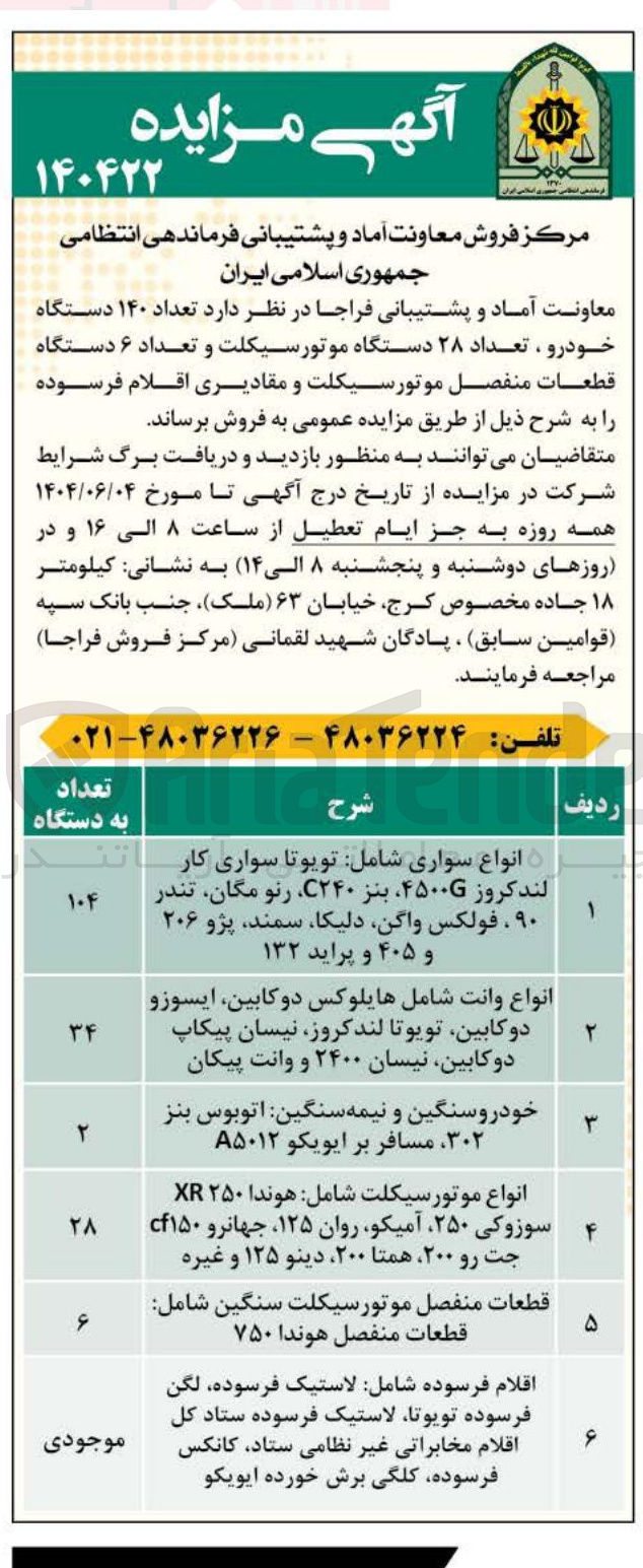 تصویر کوچک آگهی فروش تعداد ۱۴۰ دستگاه خودرو ، تعداد ۲۸ دستگاه موتورسیکلت و تعداد ۶ دستگاه قطعات منفصل موتورسیکلت و مقادیری اقلام فرسوده 