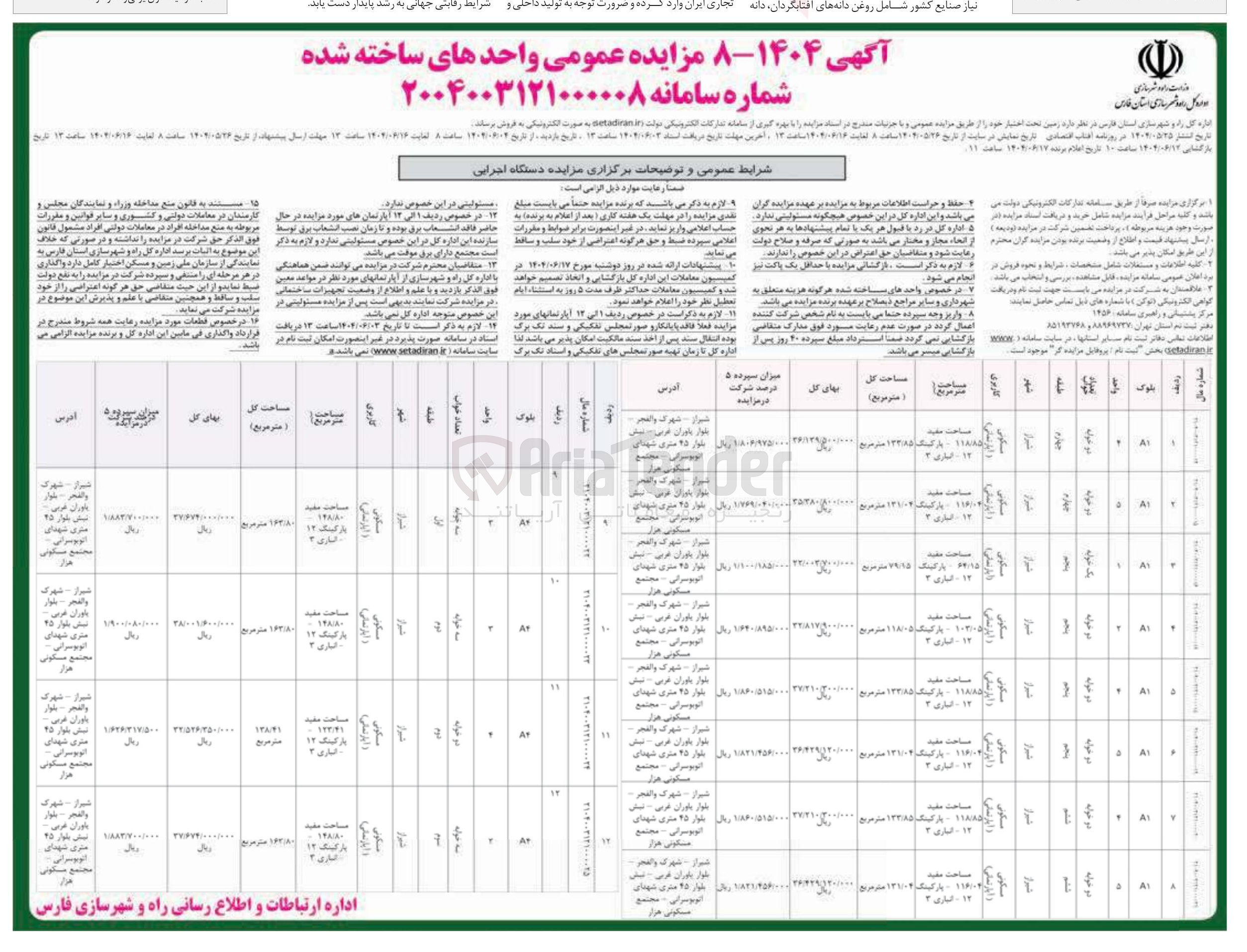 تصویر کوچک آگهی  مزایده عمومی واحدهای ساخته شده 