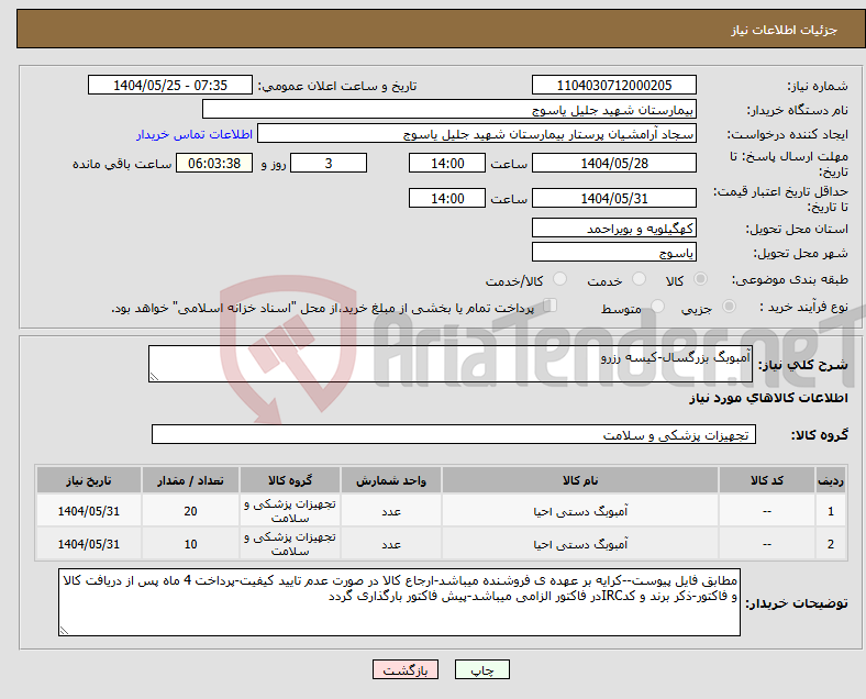 تصویر کوچک آگهی نیاز انتخاب تامین کننده-آمبوبگ بزرگسال-کیسه رزرو