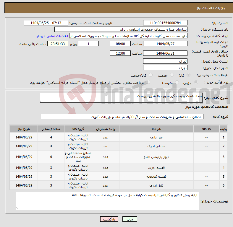 تصویر کوچک آگهی نیاز انتخاب تامین کننده-تعداد هفت ردیف دکوراسیون به شرح پیوست