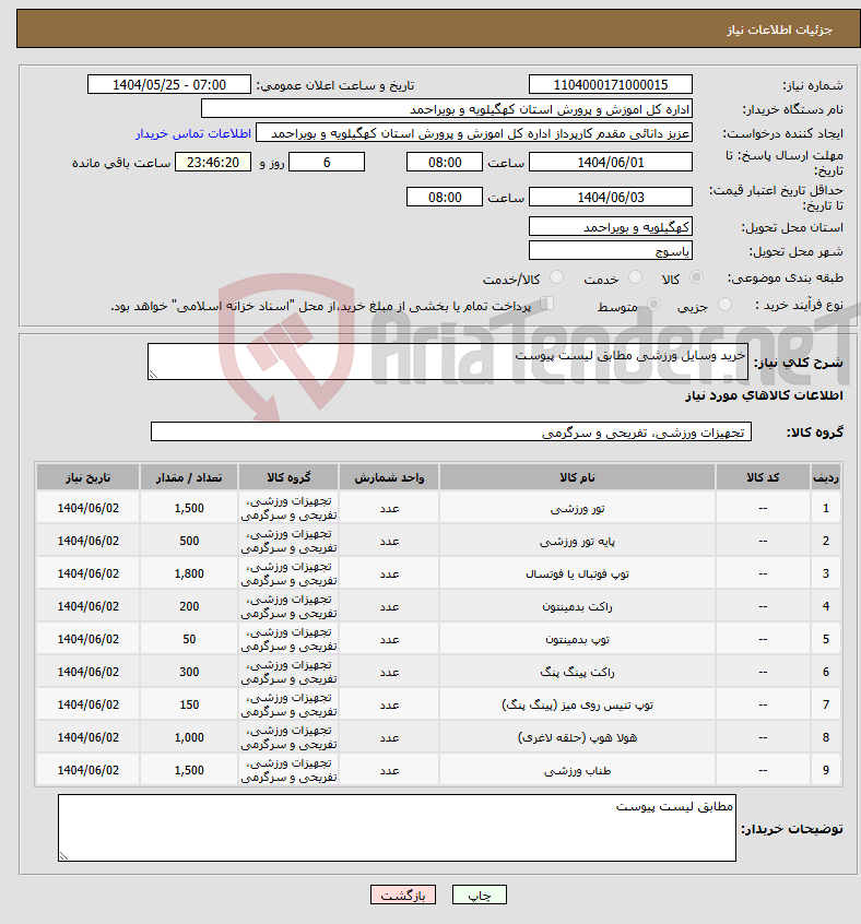 تصویر کوچک آگهی نیاز انتخاب تامین کننده-خرید وسایل ورزشی مطابق لیست پیوست