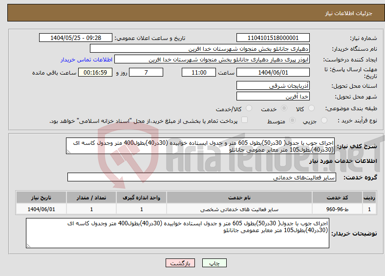 تصویر کوچک آگهی نیاز انتخاب تامین کننده-اجرای جوب با جدول( 30در50)بطول 605 متر و جدول ایستاده خوابیده (30در40)بطول400 متر وجدول کاسه ای (30در40)بطول105 متر معابر عمومی جانانلو