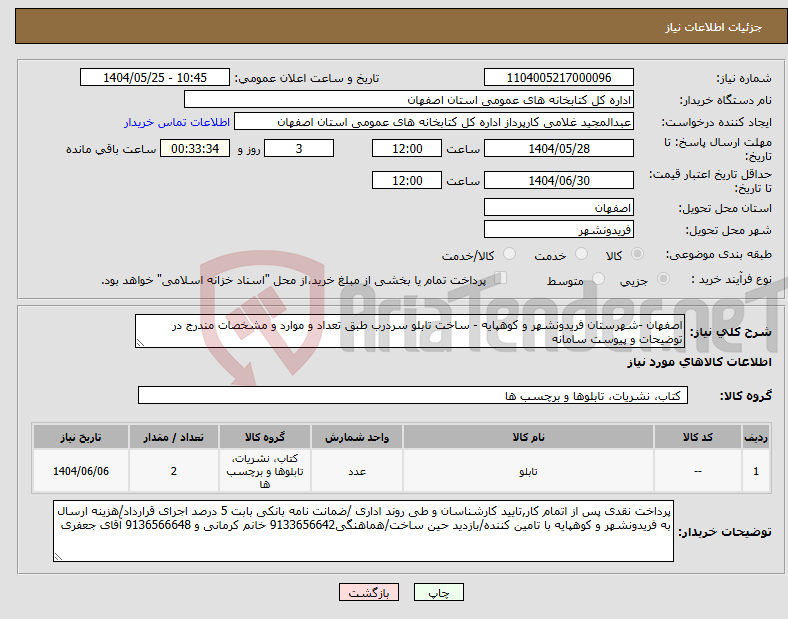تصویر کوچک آگهی نیاز انتخاب تامین کننده-اصفهان -شهرستان فریدونشهر و کوهپایه - ساخت تابلو سردرب طبق تعداد و موارد و مشخصات مندرج در توضیحات و پیوست سامانه