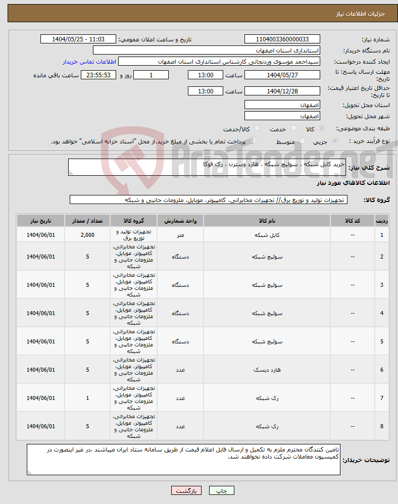 تصویر کوچک آگهی نیاز انتخاب تامین کننده-خرید کابل شبکه ، سوئیچ شبکه ، هارد وسترن ، رک فوکا