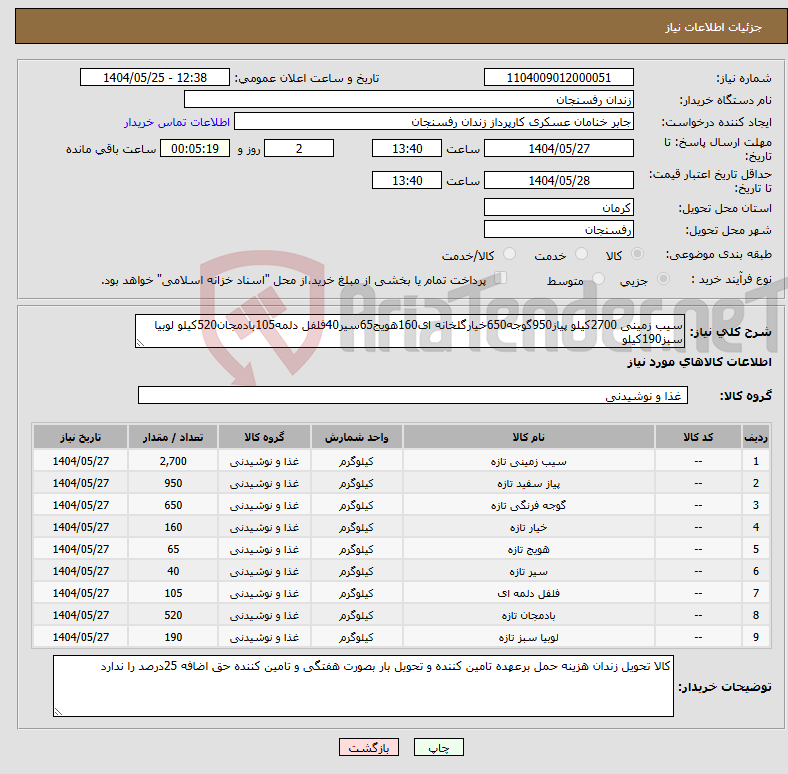 تصویر کوچک آگهی نیاز انتخاب تامین کننده-سیب زمینی 2700کیلو پیاز950گوجه650خیارگلخانه ای160هویج65سیر40فلفل دلمه105بادمجان520کیلو لوبیا سبز190کیلو