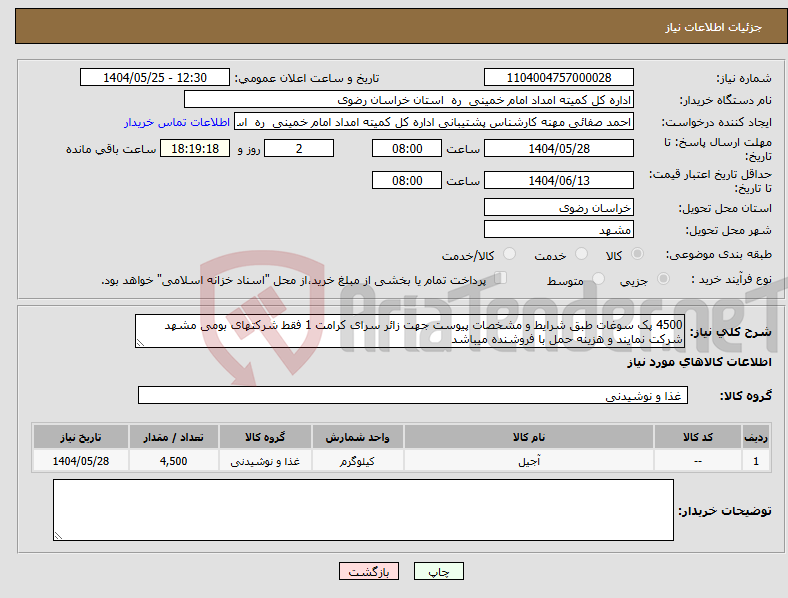 تصویر کوچک آگهی نیاز انتخاب تامین کننده-4500 پک سوغات طبق شرایط و مشخصات پیوست جهت زائر سرای کرامت 1 فقط شرکتهای بومی مشهد شرکت نمایند و هزینه حمل با فروشنده میباشد