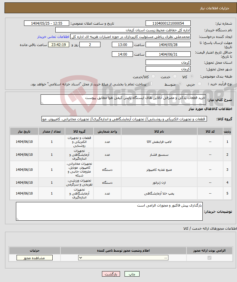 تصویر کوچک آگهی نیاز انتخاب تامین کننده-خرید قطعات یدکی و مصرفی آنالایزر های ایستگاه پایش کیفی هوا مطابق پیوست