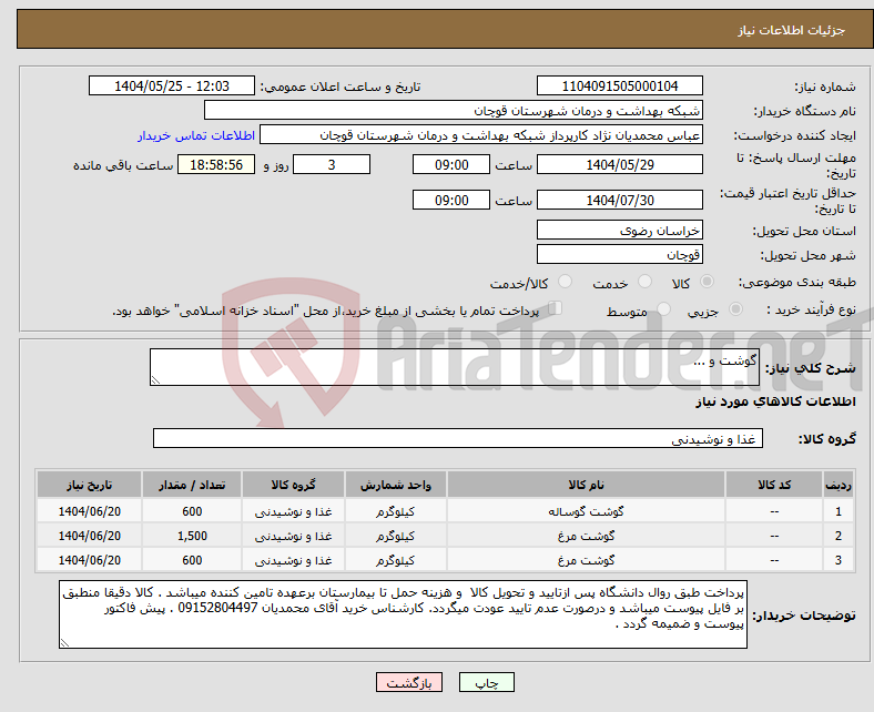 تصویر کوچک آگهی نیاز انتخاب تامین کننده-گوشت و ...