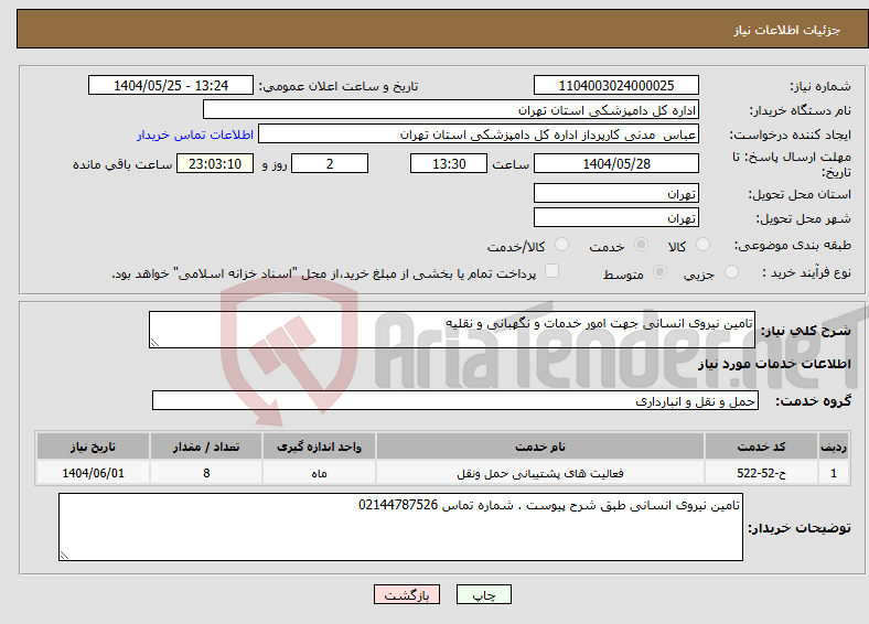 تصویر کوچک آگهی نیاز انتخاب تامین کننده-تامین نیروی انسانی جهت امور خدمات و نگهبانی و نقلیه
