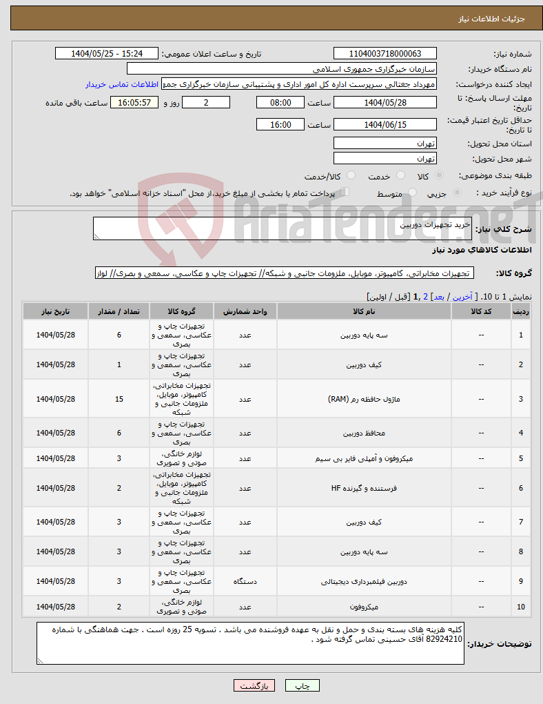 تصویر کوچک آگهی نیاز انتخاب تامین کننده-خرید تجهیزات دوربین 