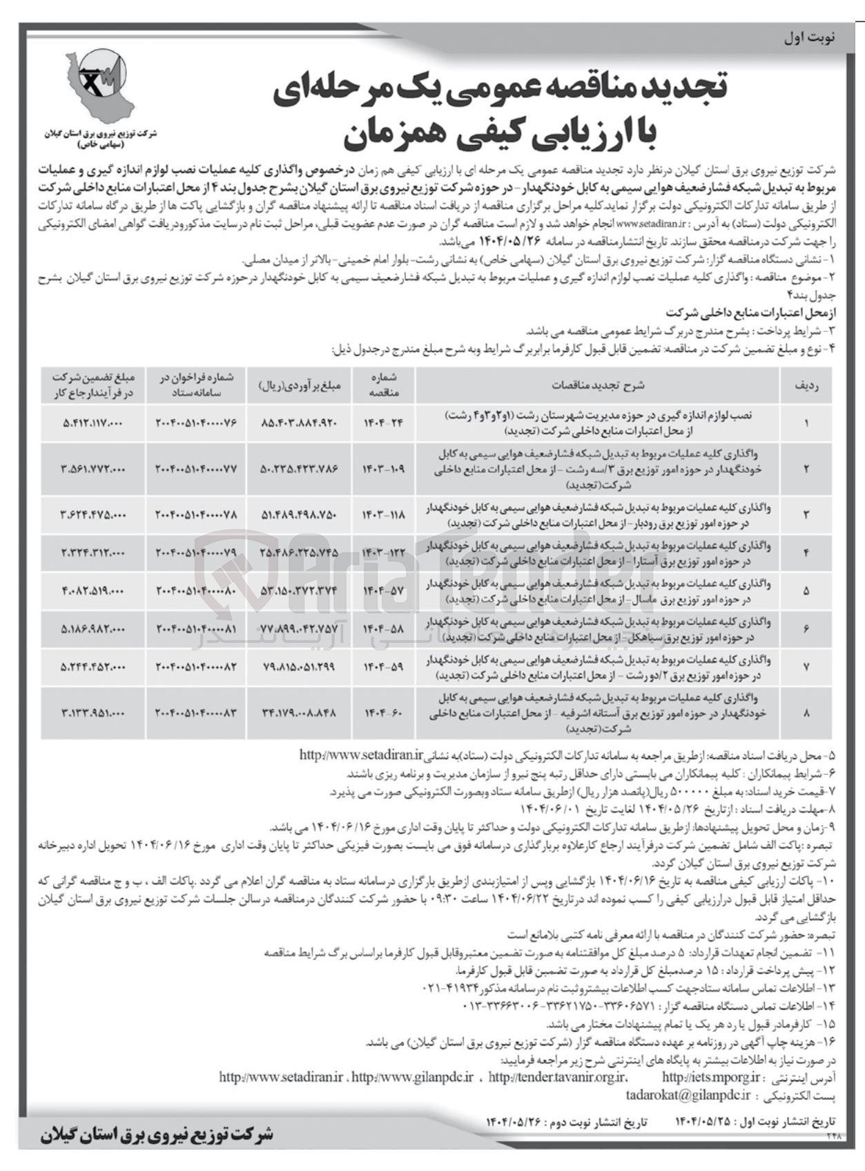 تصویر کوچک آگهی واگذاری کلیه عملیات مربوط به تبدیل شبکه فشار ضعیف هوایی سیمی به کابل خودنگهدار در حوزه امور توزیع برق آستارا از محل اعتبارات منابع داخلی شرکت ( تجدید ) 
