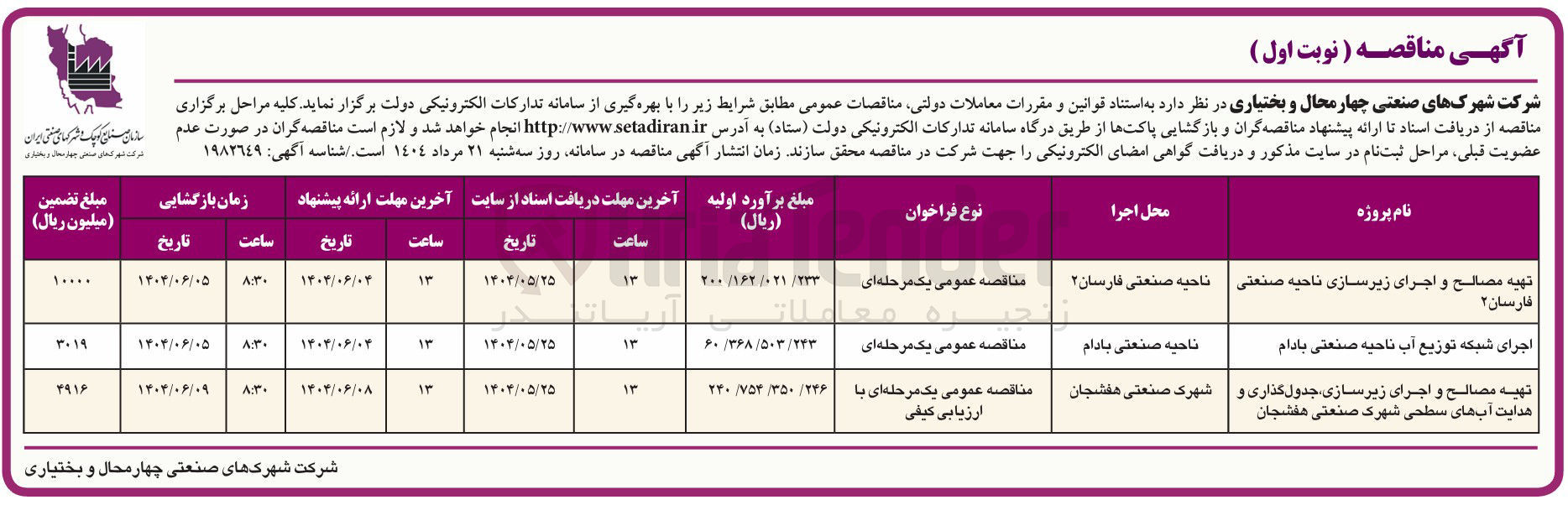 تصویر کوچک آگهی اجرای شبکه توزیع آب ناحیه صنعتی