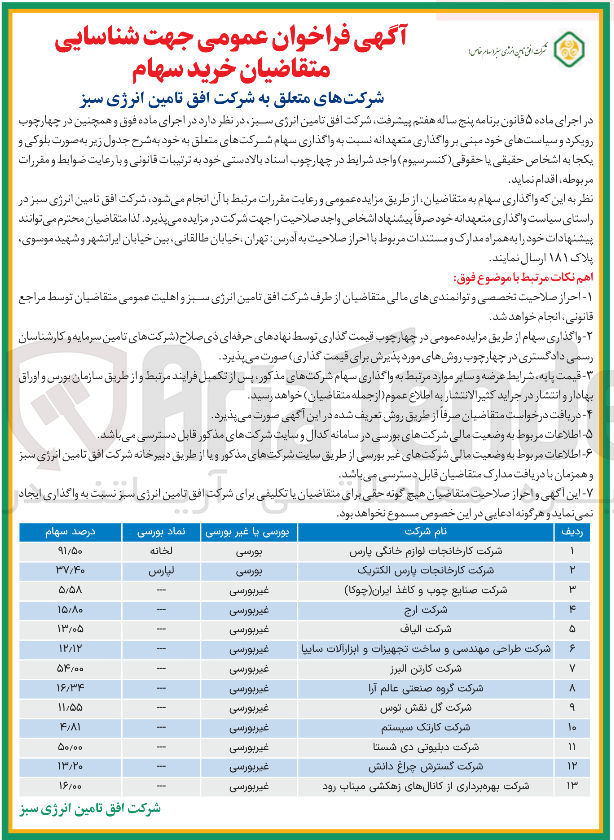 تصویر کوچک آگهی اگذاری سهام شرکتهای متعلق به  شرکت افق تامین انرژی سبز شامل : شرکت کارخانجات لوازم خانگی پارس - شرکت کارخانجات پارس الکتریک - شرکت صنایع چوب و کاغذ ایران ( چوکا )  شرکت ارج - شرکت الیاف - شرکت طراحی مهندسی و ساخت تجهیزات و ابزار الات ساییا - شرکت کارتن البرز - شرکت گروه صنعتی عالم آرا - شرکت گل نقش توس - شرکت کارتک سیستم - شرکت دبلیوتی دی شستا  - شرکت گسترش چراغ دانش - شرکت بهره برداری از کانالهای زهکشی میناب رود 