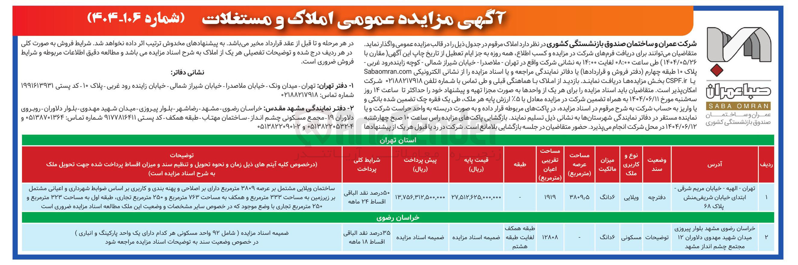 تصویر کوچک آگهی مزایده عمومی املاک و مستغلات 