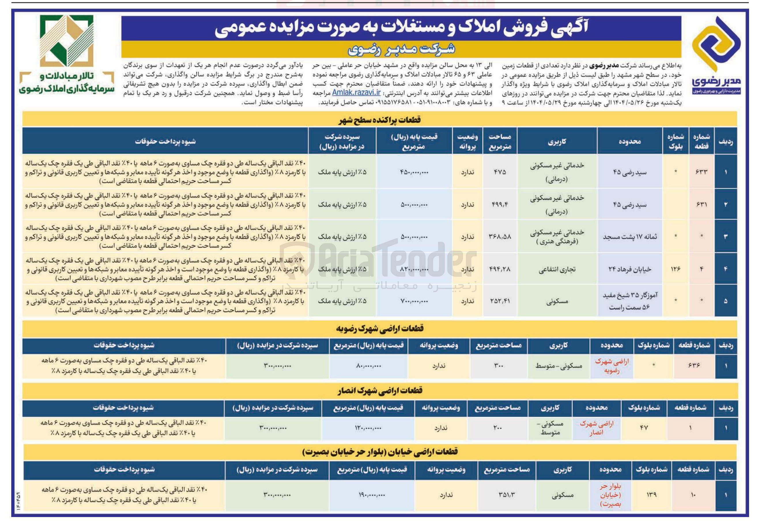 تصویر کوچک آگهی فروش تعدادی از قطعات زمین در 8 ردیف با کاربری خدماتی - درمانی - فرهنگی هنری - تجاری - مسکونی