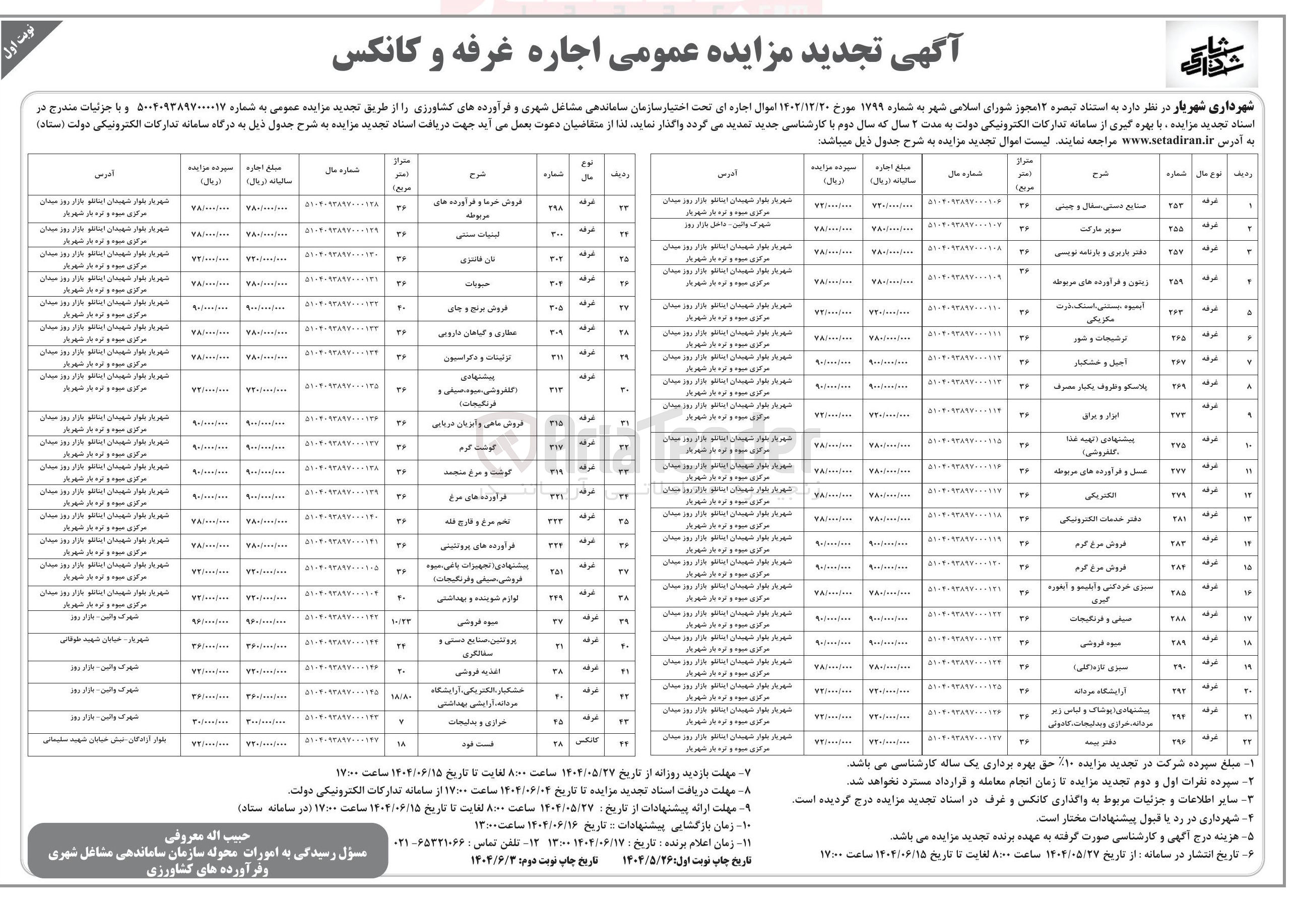 تصویر کوچک آگهی اجاره غرفه ها و کانکس در 44 ردیف
