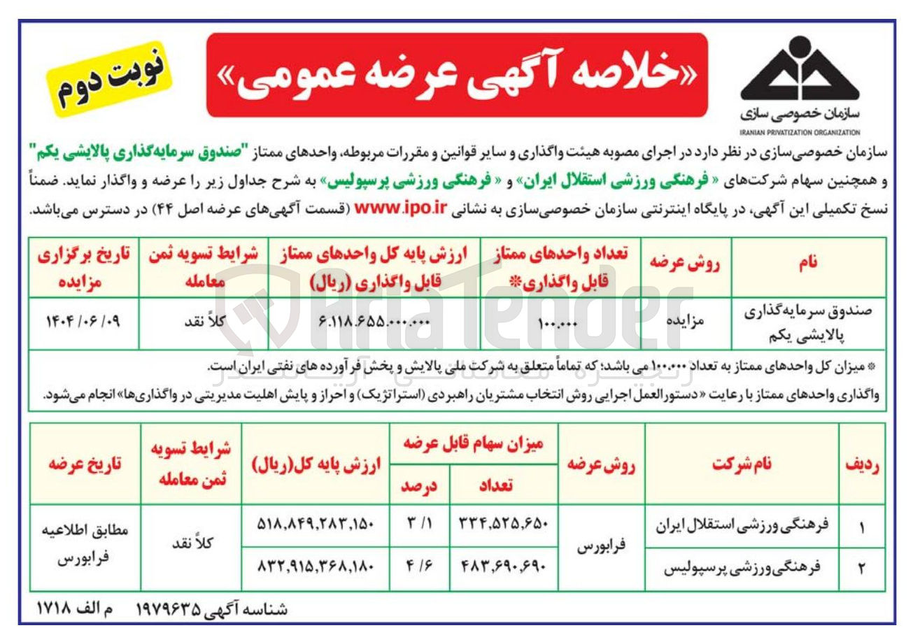 تصویر کوچک آگهی عرضه سهام شرکتهای فرهنگی ورزشی استقلال ایران و فرهنگی ورزشی پرسپولیس