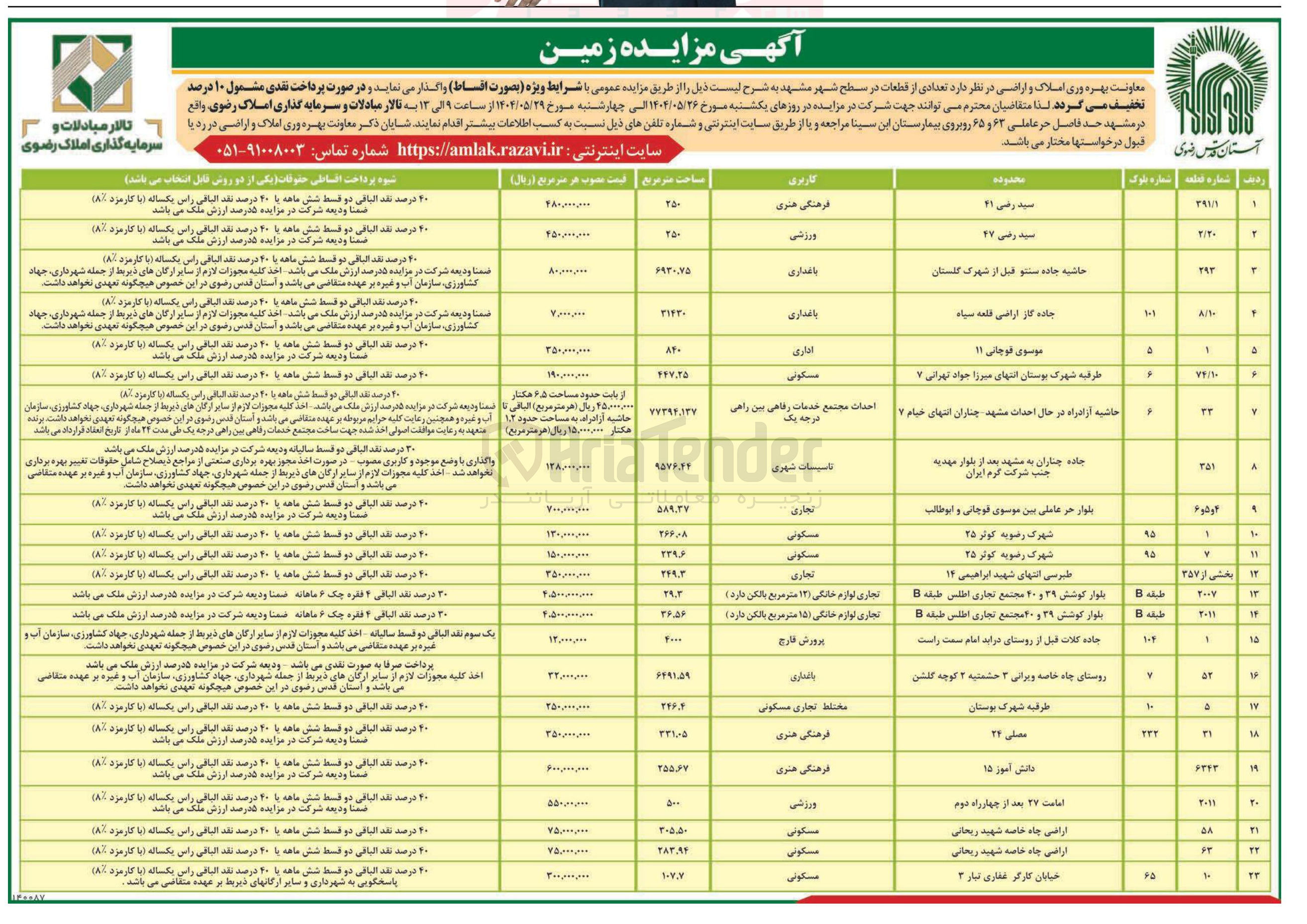 تصویر کوچک آگهی فروش املاک در 23 ردیف با کاربری فرهنگی هنری - ورزشی - باغداری - اداری - مسکونی - تاسیسات شهری - تجاری و...