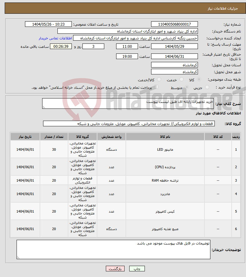 تصویر کوچک آگهی نیاز انتخاب تامین کننده-خرید تجهیزات رایانه ای طبق لیست پیوست