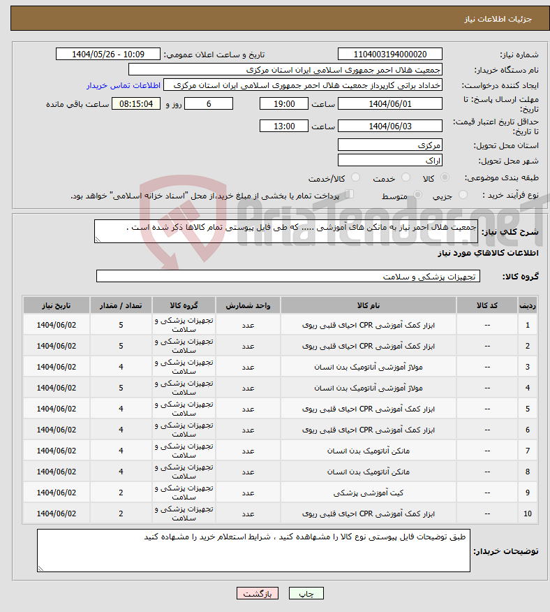 تصویر کوچک آگهی نیاز انتخاب تامین کننده-جمعیت هلال احمر نیاز به مانکن های آموزشی ..... که طی فایل پیوستی تمام کالاها ذکر شده است .