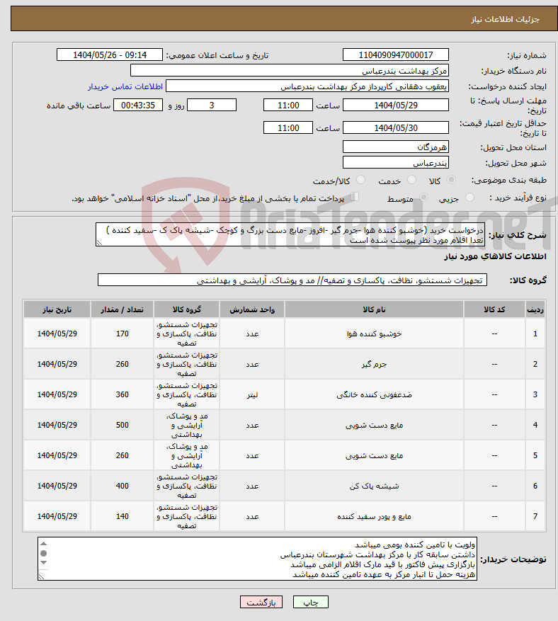 تصویر کوچک آگهی نیاز انتخاب تامین کننده-درخواست خرید (خوشبو کننده هوا -جرم گیر -افروز -مایع دست بزرگ و کوچک -شیشه پاک ک -سفید کننده ) تعدا اقلام مورد نظر پیوست شده است 