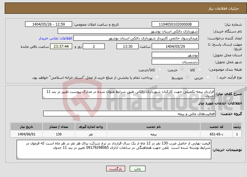 تصویر کوچک آگهی نیاز انتخاب تامین کننده-قرارداد بیمه تکمیلی جهت کارکنان شهرداری دالکی طبق شرایط عنوان شده در مدارک پیوست تغییر در بند 11 جدول