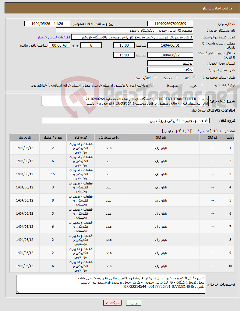 تصویر کوچک آگهی نیاز انتخاب تامین کننده-خرید : CURRENT TRANCDUCER پالایشگاه یازدهم تقاضای شماره 0240264-21 ارائه پیشنهاد فنی و مالی منطبق با فایل پیوست ( Quotation ) الزامی می باشد